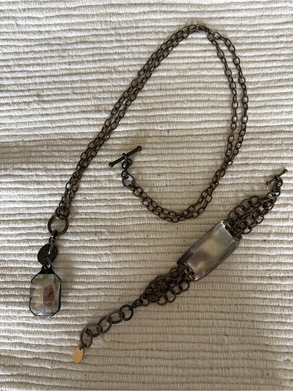 Chain Pendant Necklace with Faceted Glass Charm & Matching Bracelet
